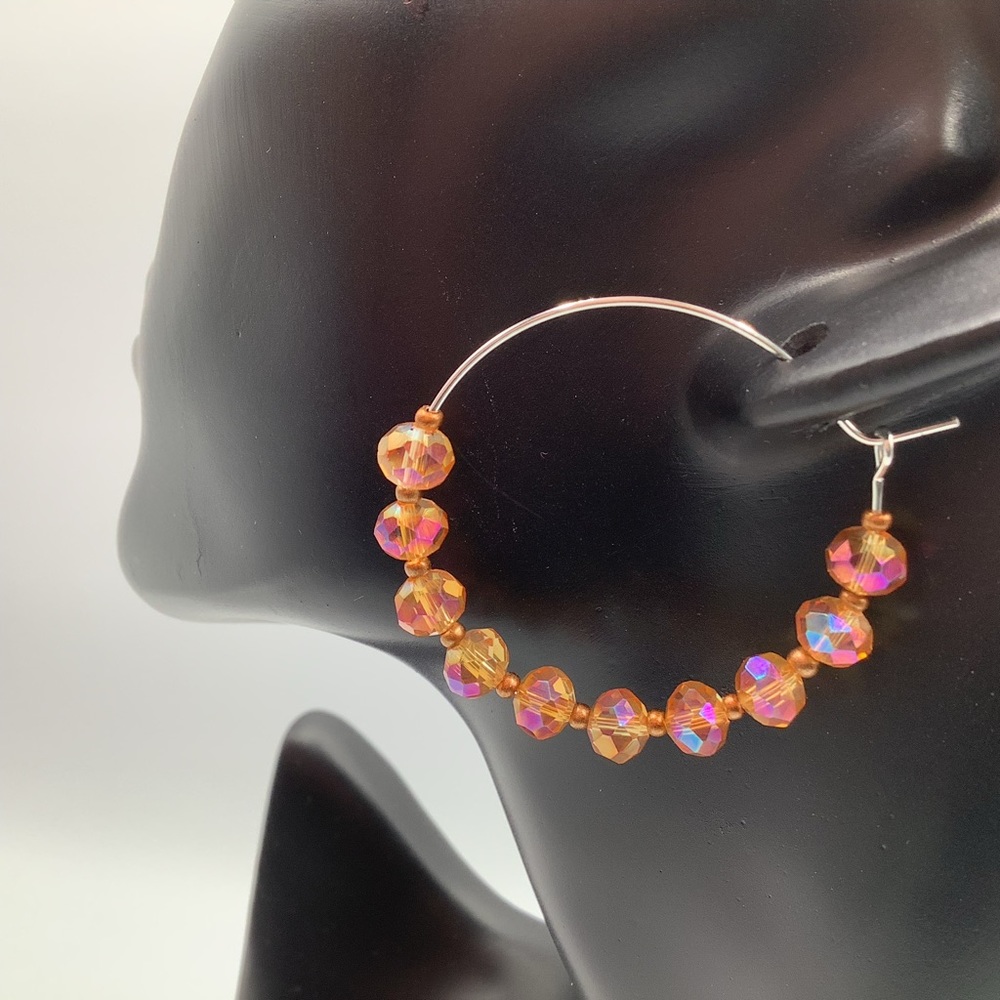 NEW Earrings Hoop Boho Beaded Rondelle Faceted Peach Copper Colors Silver Tone